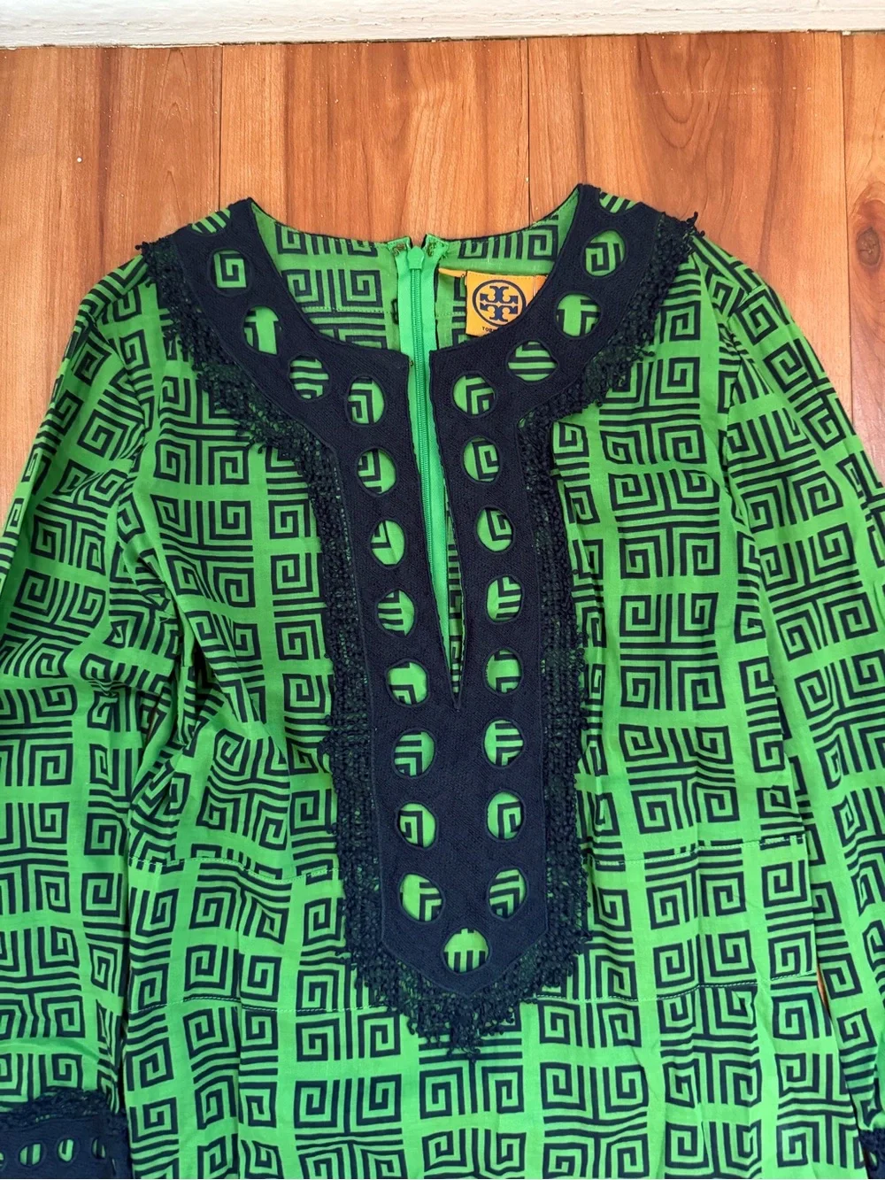Tory Burch Green and Navy Geometric Tunic